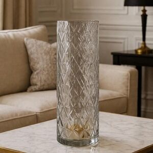Vintage Diamond Cut Glass Vase 12" Tall Clear Cylinder Floral Vase